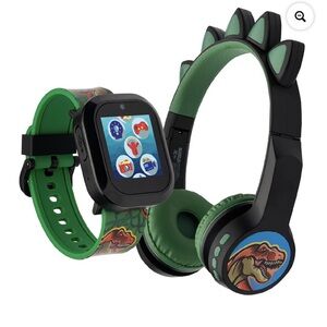 Kids Dinosaur-Themed Green and Black Headphones and Smartwatch Set!